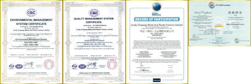 品質認証　右から　　ISO14001・ISO 9001・CTPAT・ICTI 